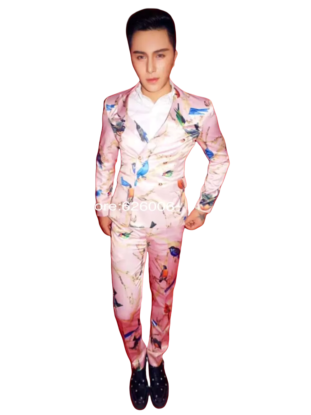 Men Formal Wear Fashion - Moda masculina flor rosa pássaros impressão
