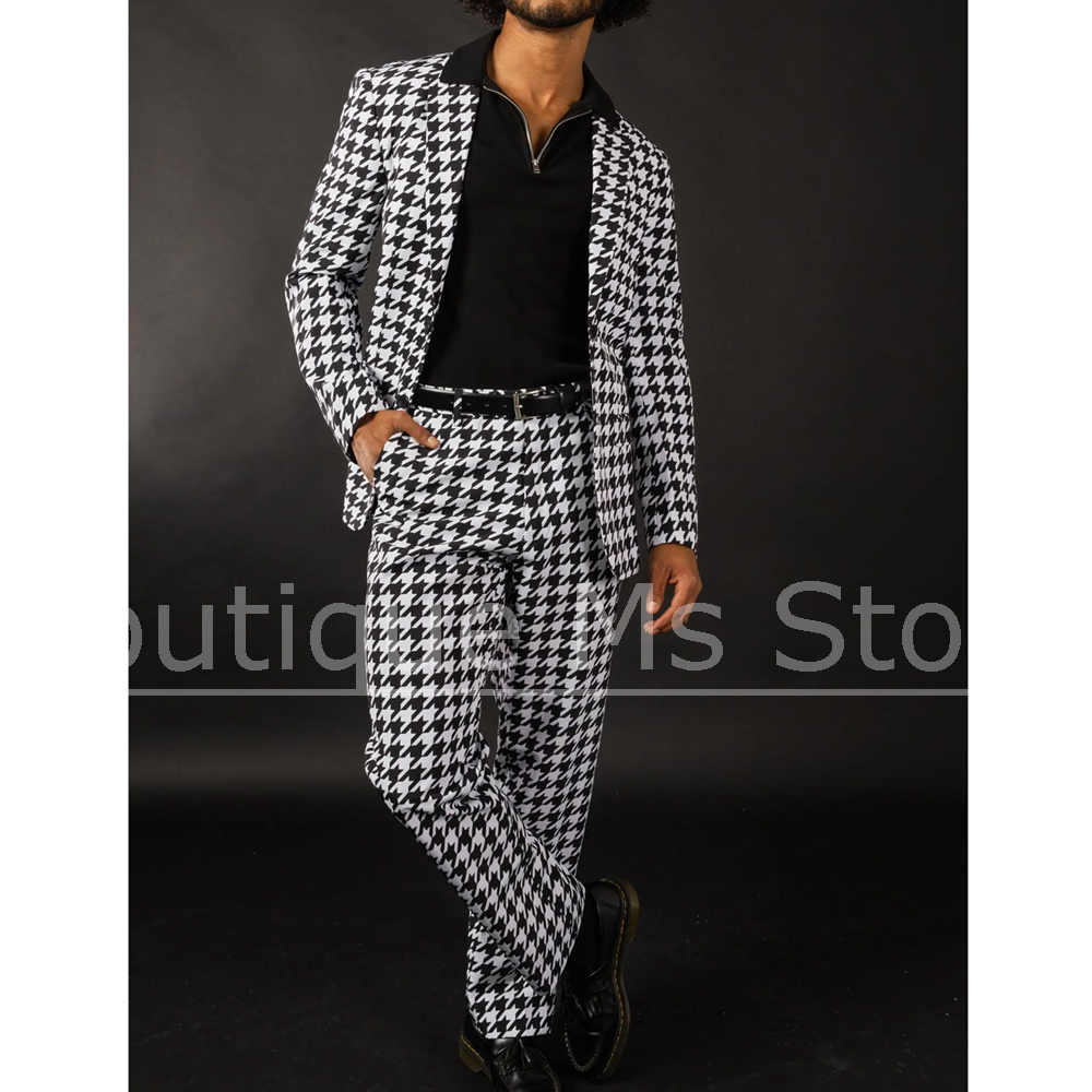 Preto branco houndstooth terno - Men Formal Wear Fashion avaliação e preço
